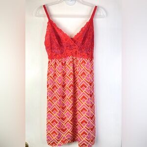 Josie Natori Red Purple Print Lace Slip Chemise in Sz: S